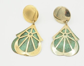 Vintage 1980er Jahre oxidiertes Kupfer goldfarbene moderne Art-Deco-Tropfenohrringe