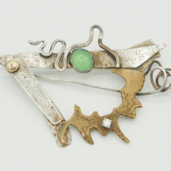 Vintage Doris King biomorphic sterling silver copper 18k gold accent Chrysoprase  brooch, Abstract Dual Tone Freeform Mix metal modern pin