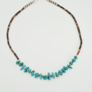 Vintage handmade sterling silver turquoise nuggets heishi minimalist collar necklace, natural gemstone beaded jewelry