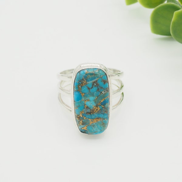 vintage Moderne argent sterling turquoise mosaïque incrustation veines d’or sud-ouest bague taille 8, Designer Statement Bague