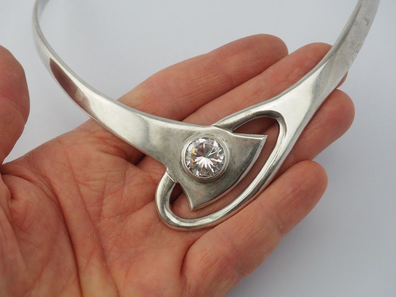 Large Solid vintage Modern Modernist abstract sterling silver round crystal open cuff collar statement necklace Mexico