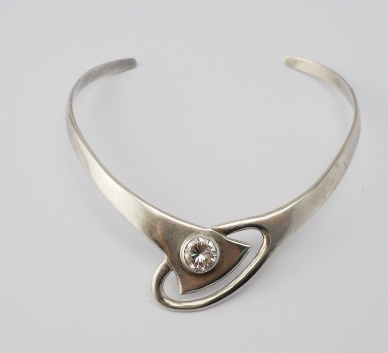 Large Solid vintage Modern Modernist abstract sterling silver round crystal open cuff collar statement necklace Mexico