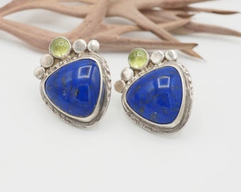 Vintage J. Hemmel Jeweled Lapis Lazuli Peridot ethnic southwest sterling silver stud earrings