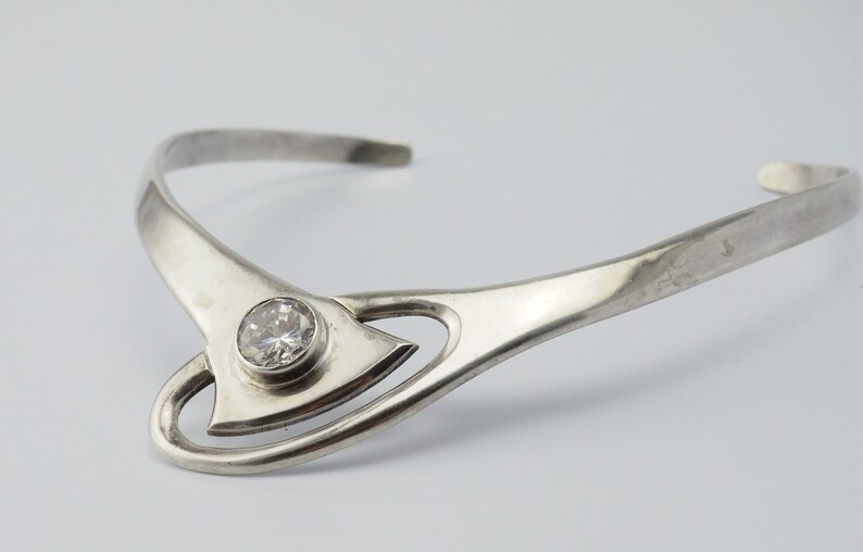 Large Solid vintage Modern Modernist abstract sterling silver round crystal open cuff collar statement necklace Mexico