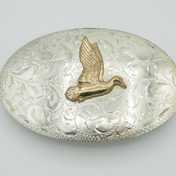 Vintage Western Silversmiths Vista California Sterling silver gold plate bird duck relief floral stamped western cowboy cowgirl belt buckle