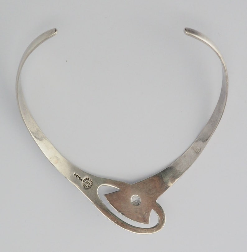 Large Solid vintage Modern Modernist abstract sterling silver round crystal open cuff collar statement necklace Mexico