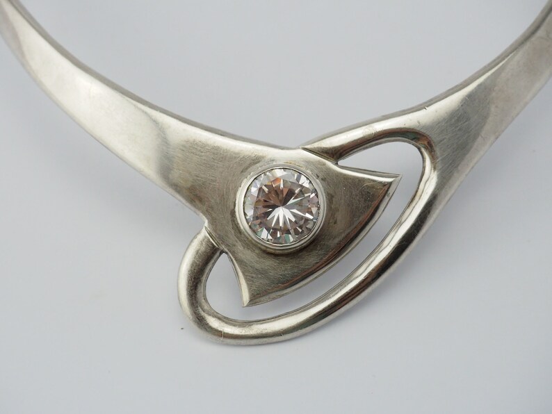 Large Solid vintage Modern Modernist abstract sterling silver round crystal open cuff collar statement necklace Mexico