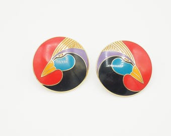 Vintage Laurel Burch Harlekin Vogel rot schwarz Emaille Bolzen Ohrstecker, amerikanische Volkskunst