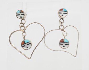 Vintage Zuni Sterling Silber Kachina Herz Ohrringe