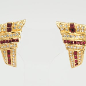 Rare Vintage Christian Dior Paris Art Deco gold tone red white pave crystals clip on earrings, Runway High Couture Fashion earrings