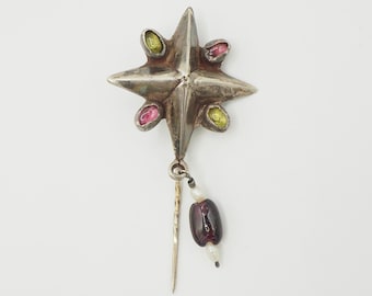 Vintage Nautical 4 Punkte Stern Sterling Silber Granat jewelryed Pin Revers Brosche