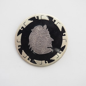 Vintage Sterling Silber Inlay Azteken Maya Krieger Gesicht Runde Anhänger Brosche ALPACA