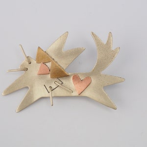 Funky 1980's sterling silver designer signed mixed metal  love cat Valentine heart kitten pin brooch