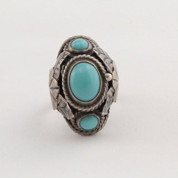 Vintage Mexico handmade ethnic sterling silver turquoise adjustable poison ring w/ hinged box signed SBR