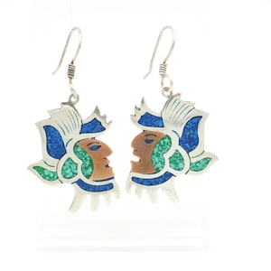 Vintage Mayan Aztec Warrior Sterling Silver Mosaic Earrings - Taxco Mexico