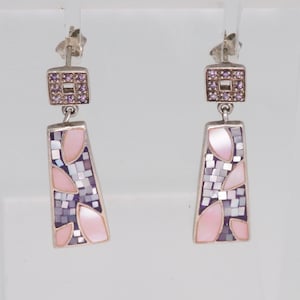 Boucles d'oreilles vintage en argent sterling nacre et mosaïque : clous d'oreilles floraux en améthyste