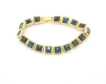 Vintage Blaues Saphirglas Armband: Goldfarbene Tenniskette