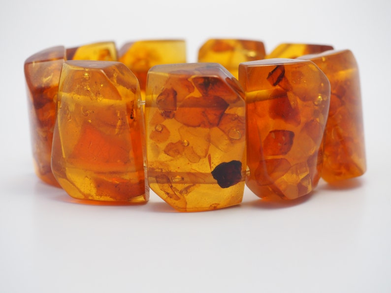 Amazing vintage handmade genuine honey cognac Baltic Amber panel stretchy bracelet