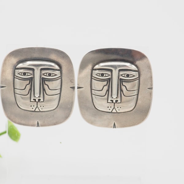 Vintage Laurel Burch sterling silver "Mayan Lion" Folk Art stud earrings, American folk artist, wearable art
