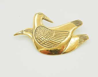 Vintage Laurel Burch Double Mynah Vogelbrosche, Goldton Volkskunst