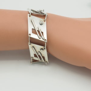 Vintage Sterling Silver Geometric Panel Bracelet: Abstract Modernist Chain Link