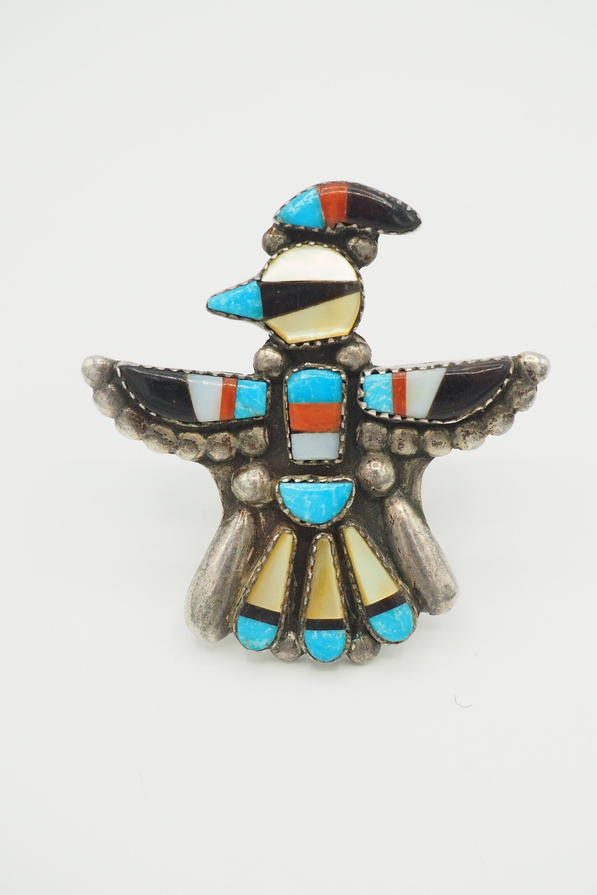 Vibrant Vintage Native American Zuni Inlay Turquoise Coral Jet Sterling Silver Knifewing Pin Vibrant Vintage Native American Zuni Inlay Turquoise Coral Jet Sterling Silver Knifewing Pin