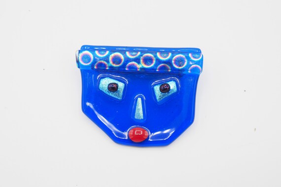 Funky tribal ethnic cobalt blue art fused glass whimsical face ethnic pin brooch
