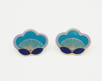 Vintage Laurel Burch "PLUM BLOSSOM" gold blaue Emaille Ohrstecker Blumenstecker
