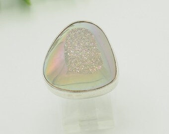 Vintage Designer Starborn Ring mit weißer Quarz Druse aus Sterling Silber, Größe 8,5