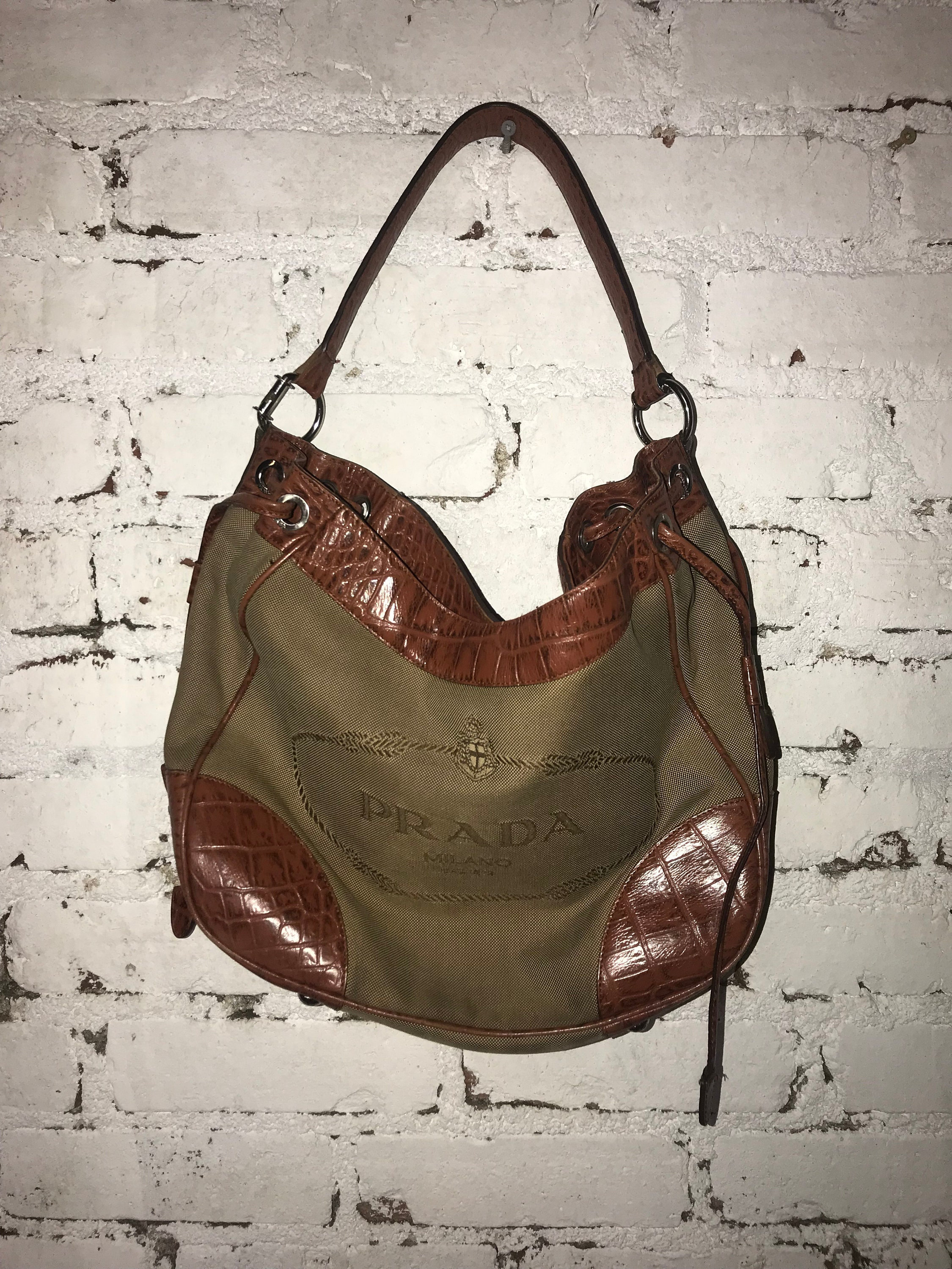 Prada vintage green suede and brown leather shoulder bag for women