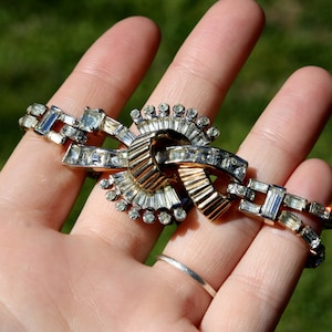1940’s Mazer Bros Bracelet / Gold-tone White Rhinestone Bracelet / Art Deco Jewelry / Deco Baguette Design / Vintage Mazer Brothers Jewelry