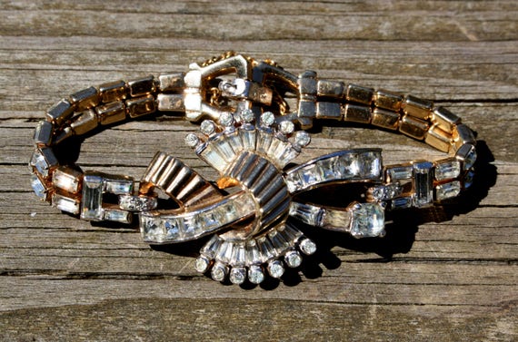 1940s Mazer Bros Bracelet Gold tone White Rhinestone Bracelet Art Deco Jewelry Deco Baguette Design Vintage Mazer Brothers Jewelry Etsy
