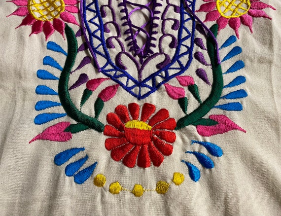 Vintage Embroidered Mexican Linen Dress Flower Ra… - image 5