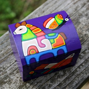 Folk Art Horse Bird Butterfly Colorful Purple Hand Painted Wooden Jewelry Box - Handmade El Salvador Mexico