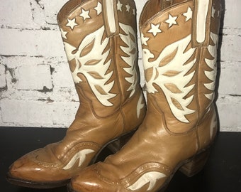 Vintage Eagle and Stars Inlay Leather Cowboy Boots Western Style White & Brown Leather Collectible Handmade By Dennis Rowley