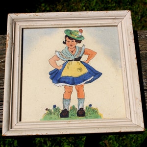 Girl Hand Painted German Tile Ceramic Traditional Dress Framed Vintage Antique Handmade Alpine Folk Art Decor Souvenir Germany