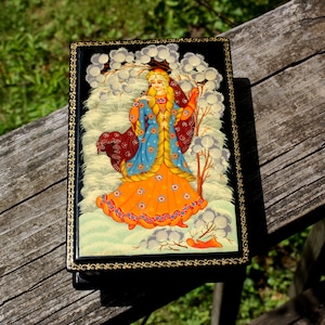 Russian Palekh Lacquer Box “Snegurochka” Russian Snow Maiden, Hand Painted, Jewelry Box, Vintage Russian Box, Handmade in Russia