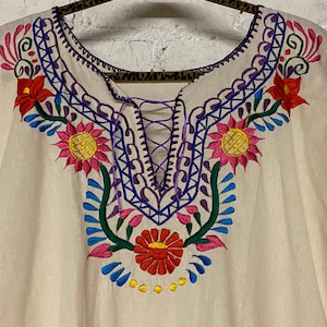 Vintage Embroidered Mexican Linen Dress Flower Rainbow Embroidery Women’s Dress Cream Colored Linen Free Size - Handmade in Mexico