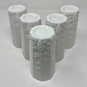 Vintage Westmoreland White Milk Glass Water Juice Glasses Paneled Grapes Leaves Pattern Vintage Indiana Tumblers Set of 5