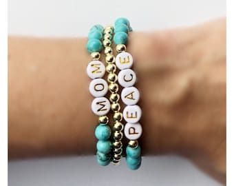 Turquoise Howlite Bead Bracelet | Custom Word Bracelets | Personalized Name Bracelets | gift for her