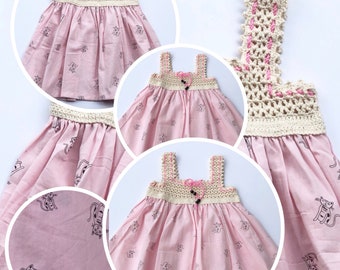 Cat Print Summer Baby Girl Dress, Crochet Baby girl dress , baby gift