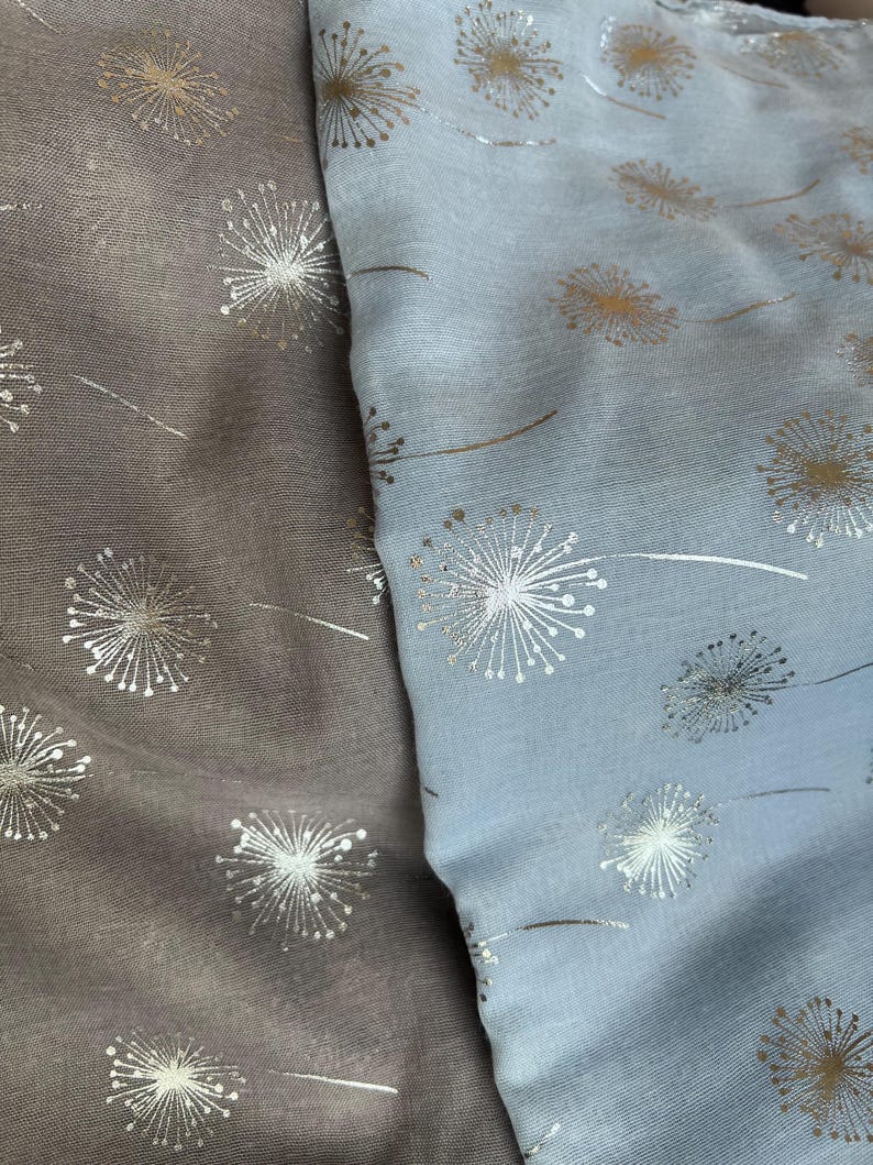 May include: Two pieces of fabric with a dandelion print. One piece is a light blue color and the other is a light brown color. Both fabrics have a silver metallic dandelion print.