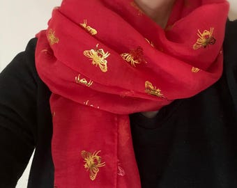 Red  Metallic Print  Bee Scarf, Christmas gift