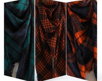 Red Blanket Scarf, Green Tartan Blanket Scarf, Plaid Blanket Scarf, gift for her