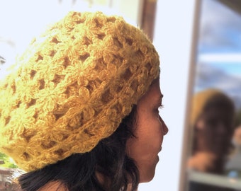 Winter Hat Mustard, Flower Crochet Beanie, Valentines day, Gift for her