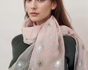Pink Dandelion Flower Metallic Print Scarf