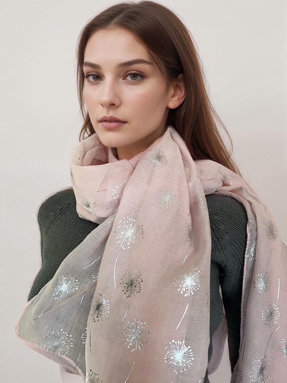 Pink Dandelion Flower Metallic Print Scarf