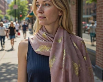 Blush Pink Gold Feather Scarf – Metallic Foil Print Lightweight Shawl – Elegant Women’s Wrap – Fall Fashion Gift for Her