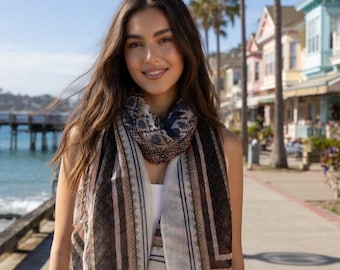 Boho Aztec Geometric Scarf with Tassels – Lightweight Tribal Print Summer Shawl Wrap – Black Brown Peach
