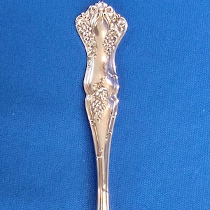 May include: A silver fork with an ornate handle featuring a grape and leaf design. The tines are slender and pointed. The fork is set against a blue background, showcasing its intricate details.